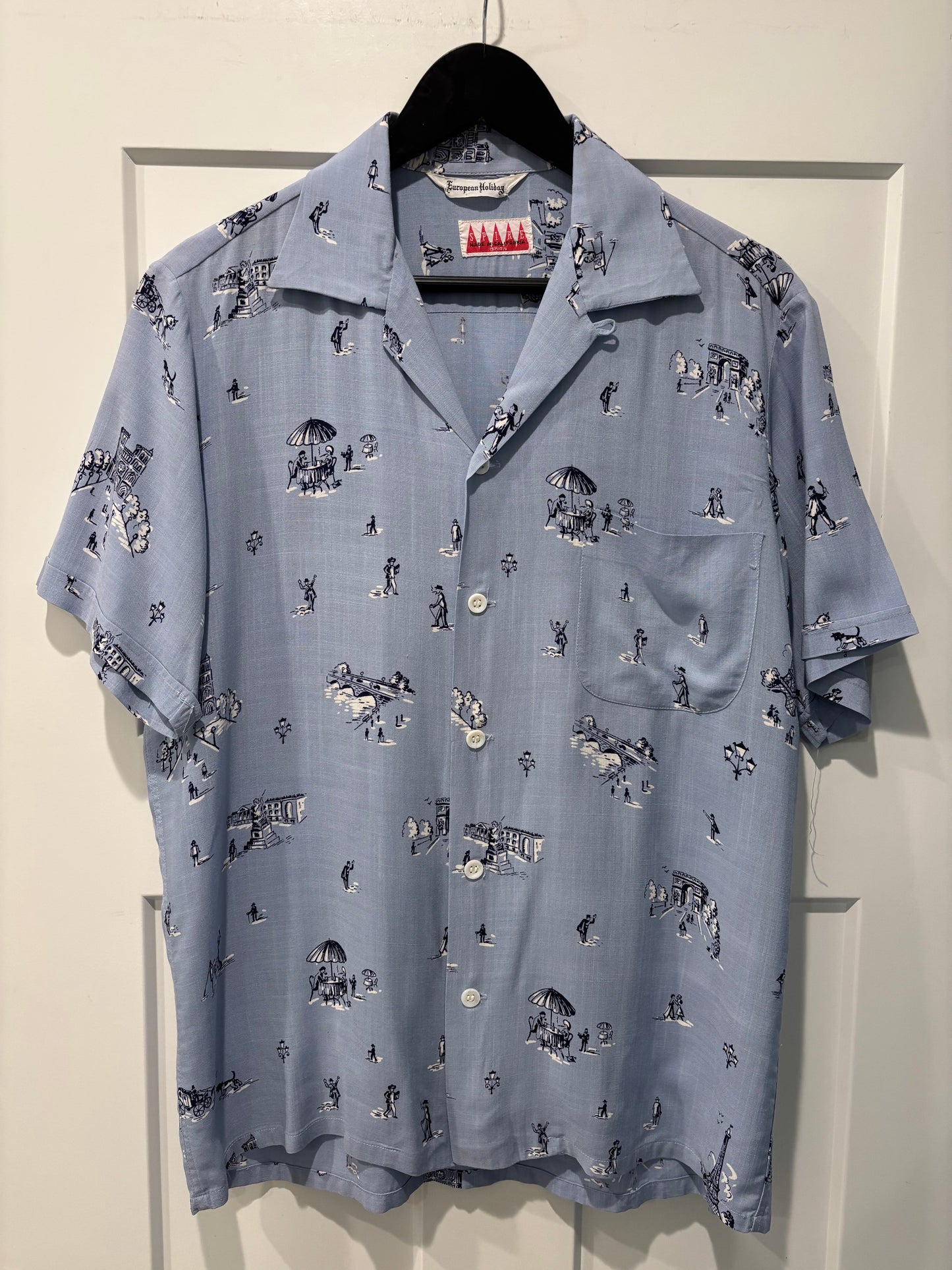 1950s “European Holiday” Novelty Print Rayon Shirt