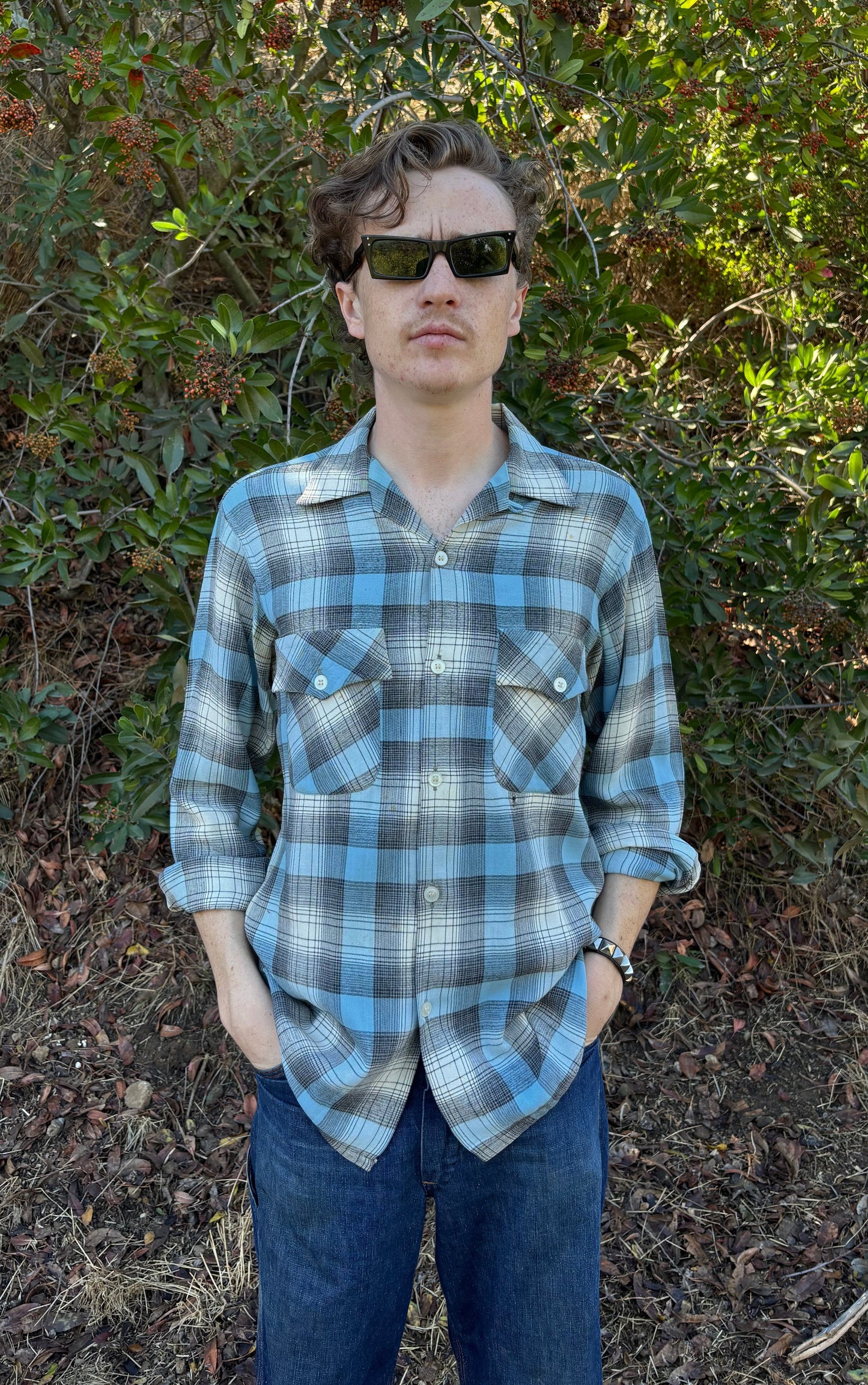 1950s Blue & Gray Rayon Shadowplaid Flannel