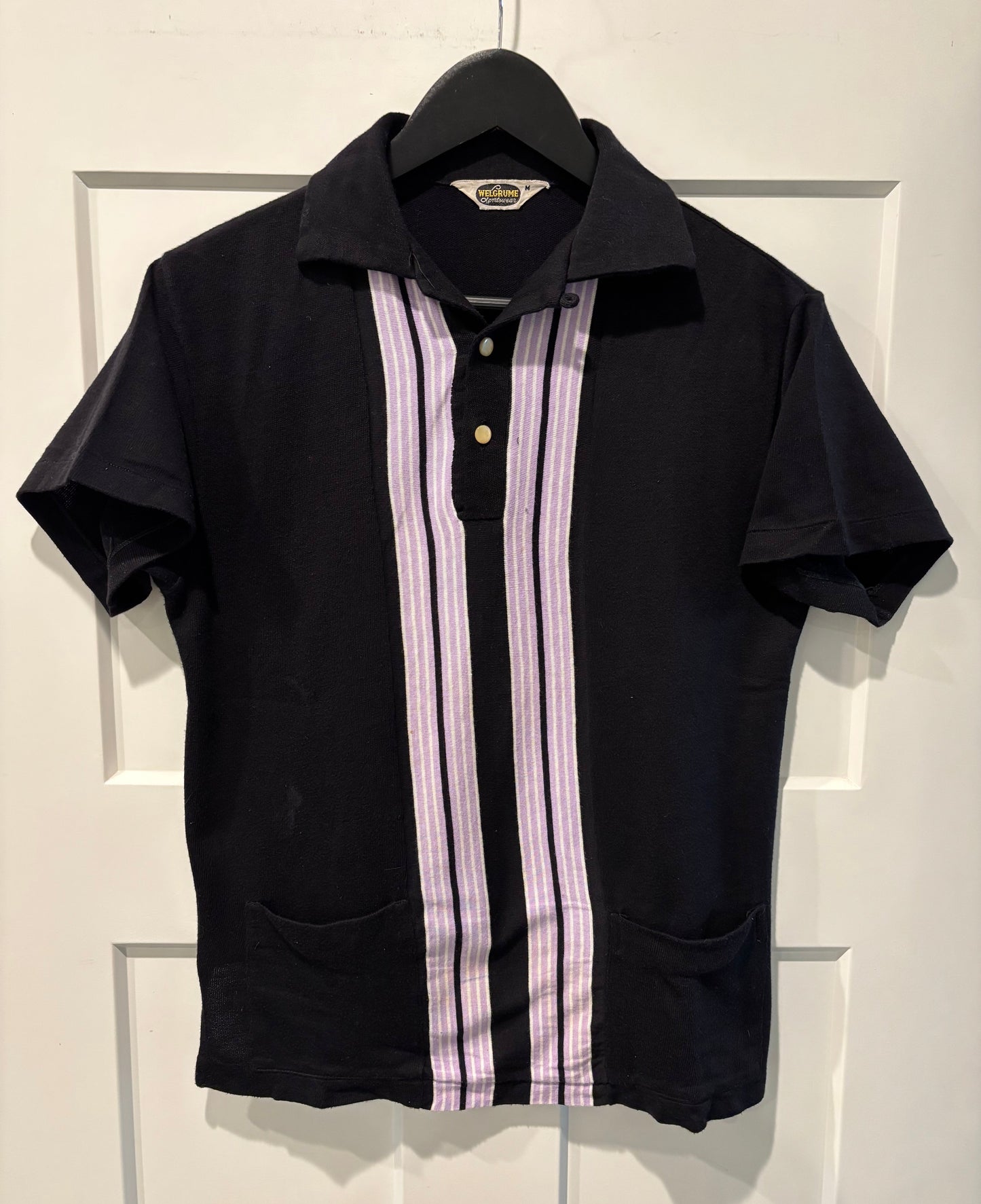 50s Black & Lavender Cotton Knit Polo Shirt