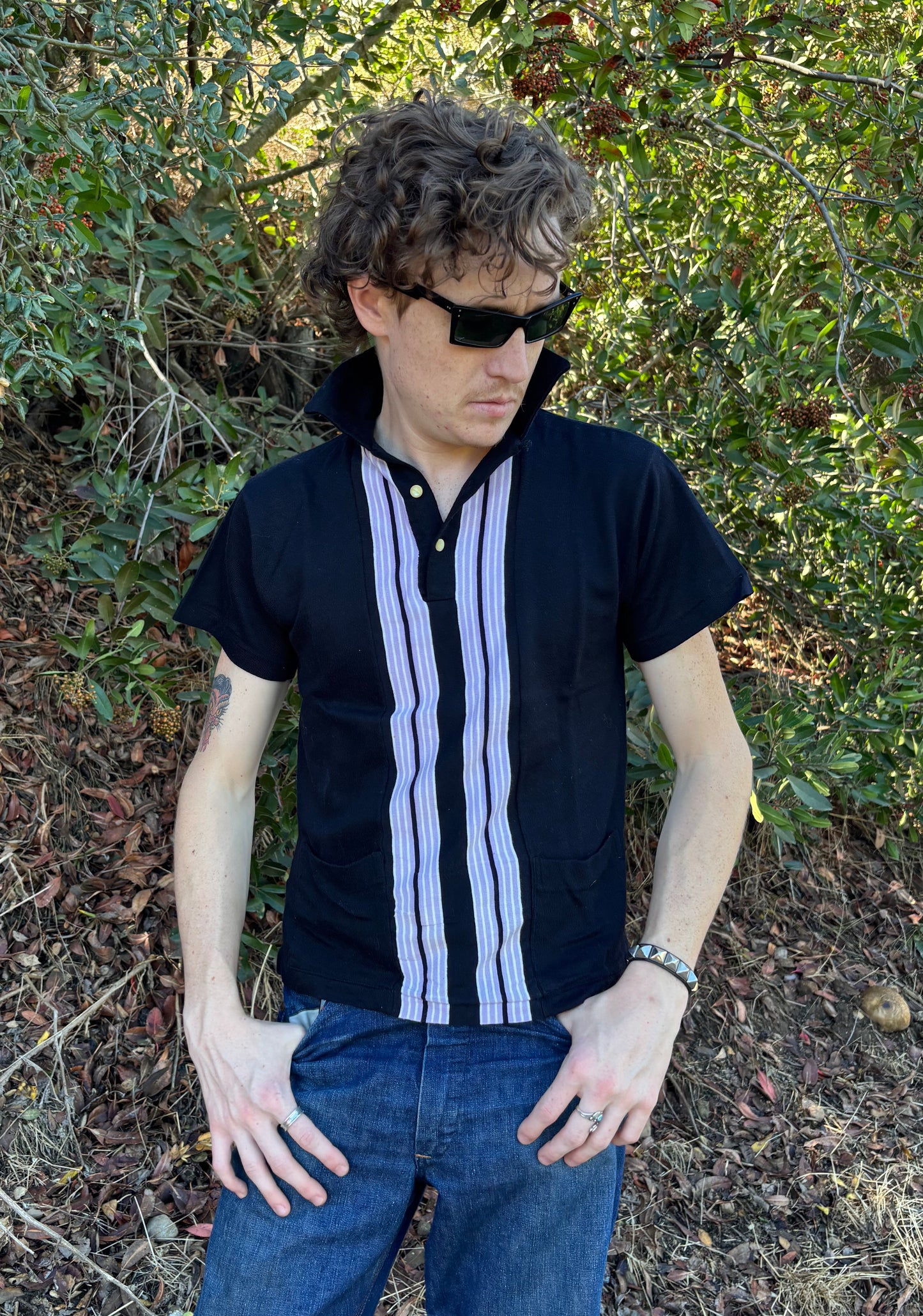 50s Black & Lavender Cotton Knit Polo Shirt