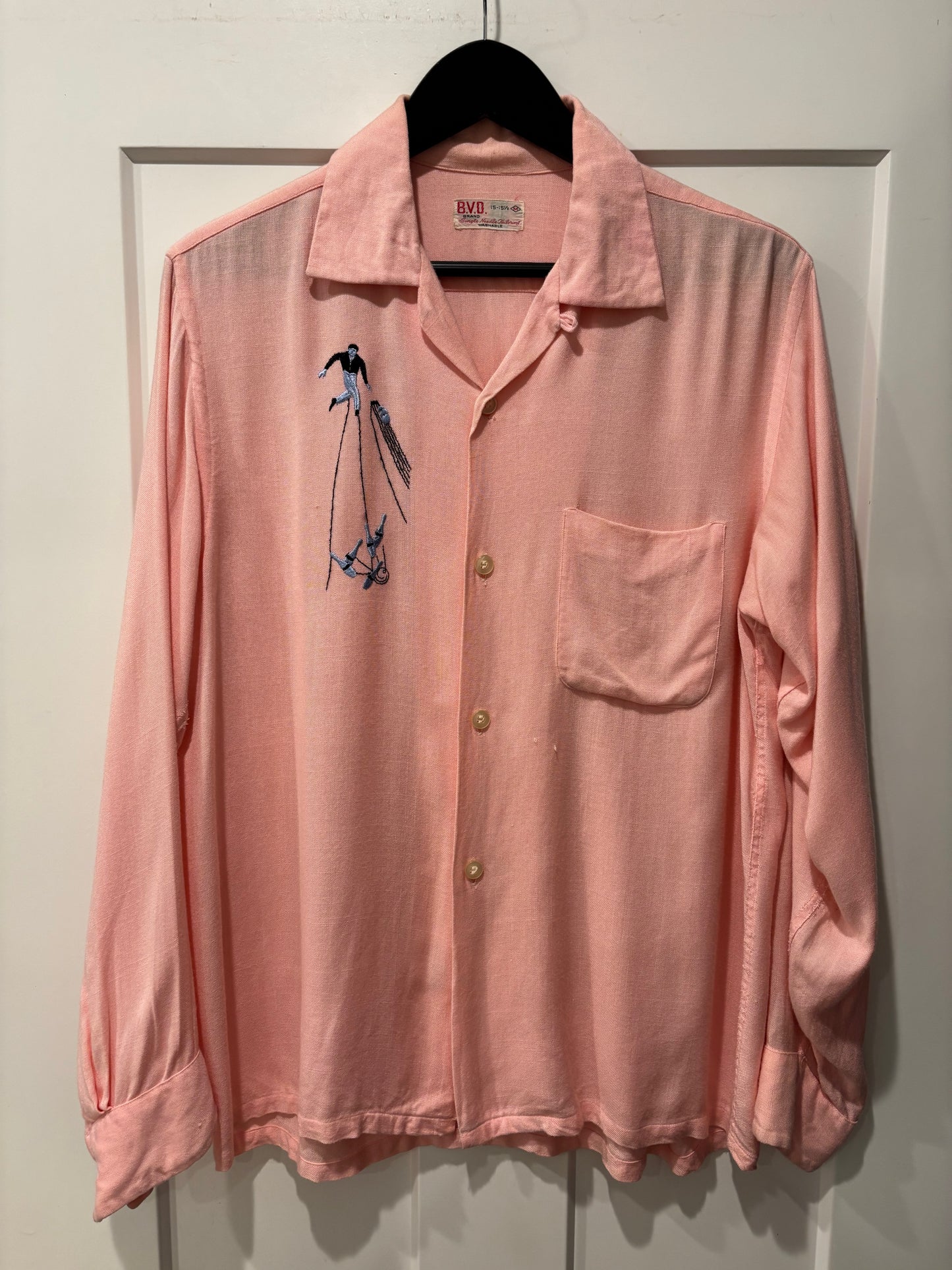 1950s Pink Rayon Shirt w/ Bowling Motif