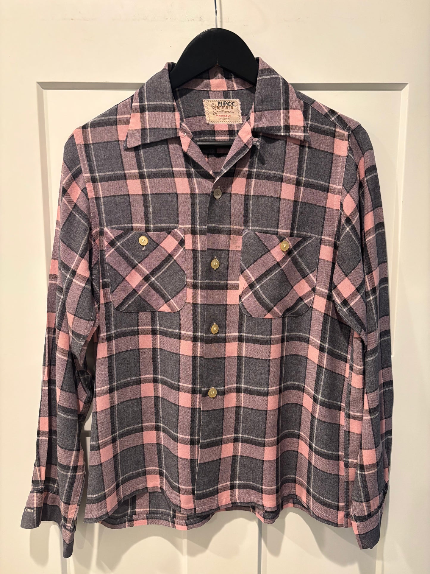 1950s Pink & Gray Rayon Plaid Flannel